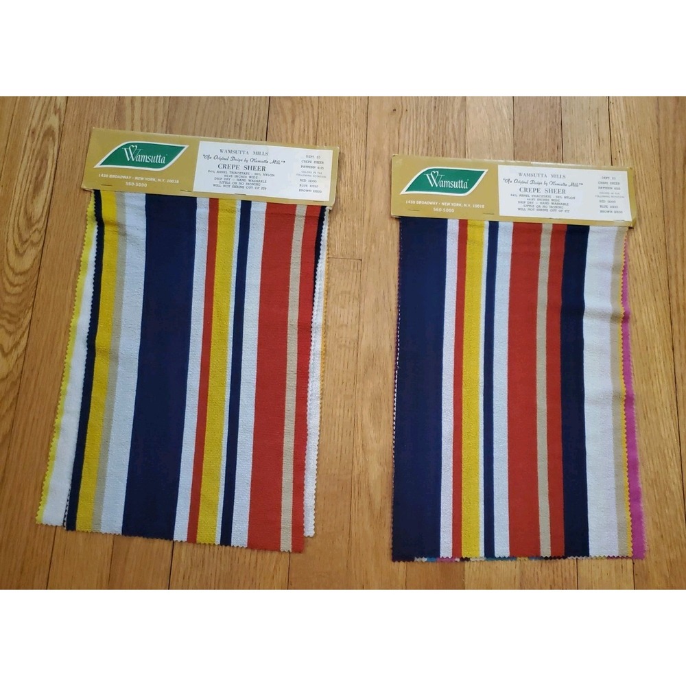Lot of 2 Vintage Wamsutta Mills Fabric Samples "Crepe Sheer" Mod Stripe Arnel